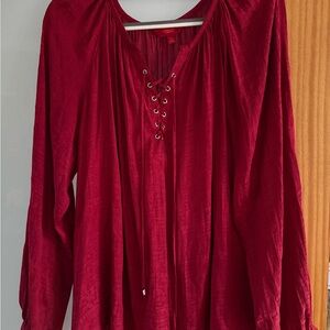 Jennifer Lopez Deep Red Lace-Up Blouse
